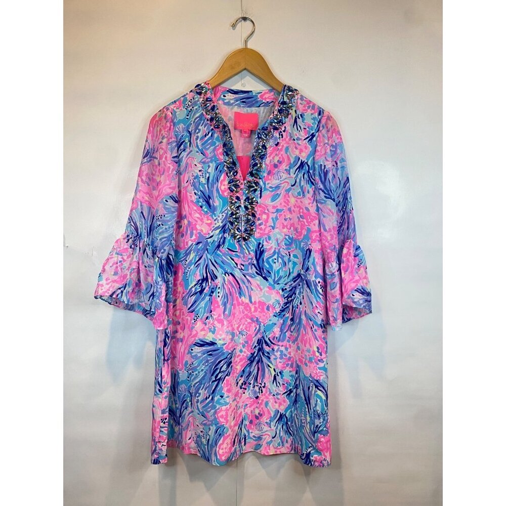 LILLY PULITZER Elenora Silk Dress Periwinkle Purple Fan Sea Pants Beaded Size XS
